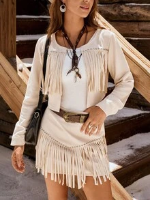 LanaWest 女式西部波西米亚风格杏色绒面革圆领开衫长袖小众设计串珠流苏短夹克，独特 V 形刺绣荷叶边松紧腰迷你裙，教师装，万圣节氛围，秋季新款两件套 - 杏色 - 查看 4