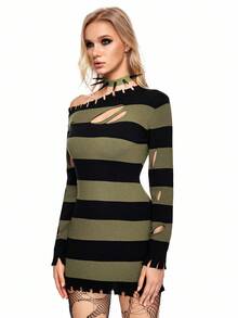 ROMWE Grunge Punk Long Ripped Red & Black Striped Pullover Sweater - Multicolor - View 3
