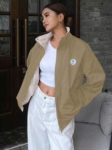 DAZY 女式宽松图案高领拉链夹克，复合面料 - 卡其色 - 查看 4