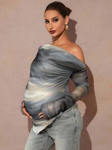 MaterniChic 孕妇斜肩长袖扎染印花百褶时尚T恤 - 灰色 - 查看 6