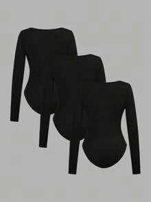 SHEIN EZwear 3pcs Women Square Neck Long Sleeve Tight Fitting Outfit, Suitable For Autumn/Winter