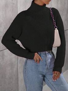 EMERY ROSE Áo len chui đầu dáng rộng tay dài cổ cao hở vai màu trơn cho nữ, mùa thu/đông - màu đen - Xem 5