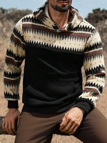 Manfinity Nomadique Men's Casual Retro Geometric Pattern Pocket Hoodie, Autumn/Winter Western Hoodies Western Mens Clothing Cowboy Hoodies For Men Daily Leisure, Weekend Trips, Outdoor Activities, Travel Expeditions, Relaxed Work Environments Or Semi-Formal Occasions,Boyfriend/Husband Gift, Anniversary Gift