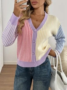 SHEIN LUNE Gestreifter V-Ausschnitt Knopfverschluss Lässig Langarm Strickjacke für Frauen, Sommer Strickjacke für Frauen, gestreifte Strickjacke für Frauen, bunte Strickjacke für Frauen, Strickjacke für Frauen Herbst Winter Kleidung für Frauen - Verschiedenfarbig - Übersicht 3