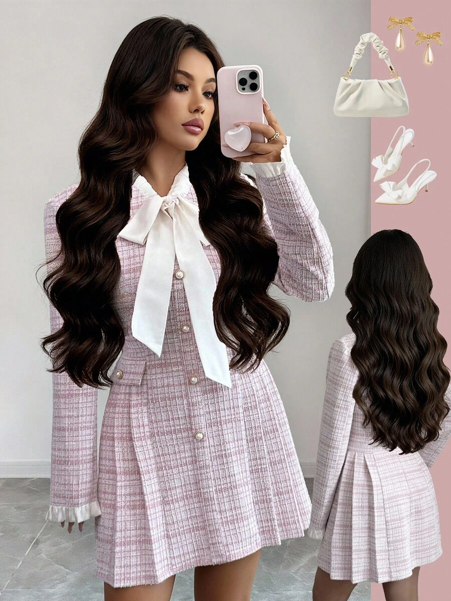 Elenzga Women's Long Sleeve Button-Down Tie-Waist Elegant Casual Dress, Autumn/Winter - Pink - View 1