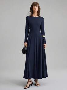 Ontre Vestido de línea A de manga larga y cuello redondo de unicolor versátil para mujer, vestido casual de negocios urbanos, ropa de oficina, uniforme de maestro, vestido de fiesta elegante - Azul Marino - Ver 4
