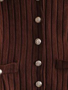 GlowEve CURVE Women's Plus Size Solid Color Vintage Ribbed Knit Gold Button Sleeveless Vest + Jacket + Skirt Elegant 3-Piece Set, Autumn/Winter - Brown - View 6