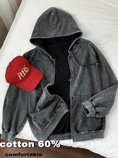 SHEIN EZwear 2025新款加大码卫衣，黑色斑点，宽松版型，带口袋，适合派对、约会、休闲、户外、居家等多种场合穿着，秋冬季拉链卫衣女休闲外套