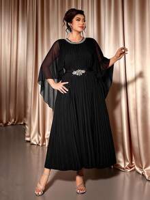 Cravure 大码女式优雅奢华派对连衣裙，配有腰带、水钻装饰、金属饰边、褶皱连衣裙、女士万圣节服装 - 黑色 - 查看 7