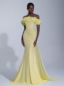Elitara 优雅奢华的露肩 3D 花卉美人鱼尾连衣裙，采用雪纺、弹力针织面料，适合婚礼、派对、度假、庆典、正式活动 - 淡黃色 - 查看 8