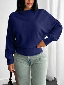 SHEIN Cottnline Structured Knit Sweater With Voluminous Sleeves Fitted Waist Curved Ribbed - Navy Blue - View 7