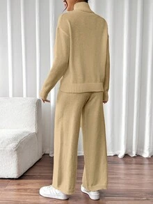 Chiquease Bộ 2 món áo len cổ đứng màu trơn thường ngày và quần dệt kim, mùa thu/đông - Màu Khaki - Xem 2