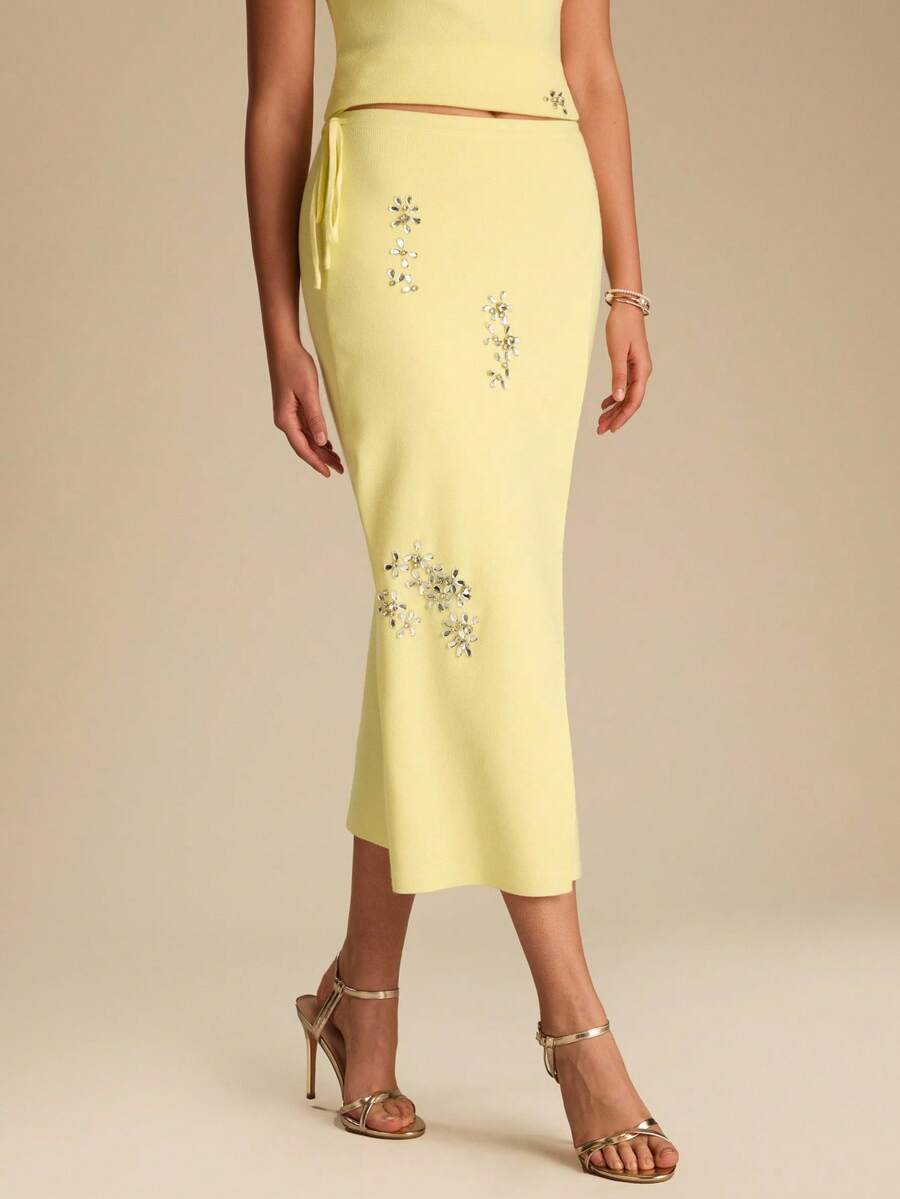 Enchnt Women's Yellow Sparkle Floral Rhinestone Knitted Pencil Long Knit Skirt,Elegant Party Chic Autumn Fall/Winter Fashionable For Vacation&Date&Wedding