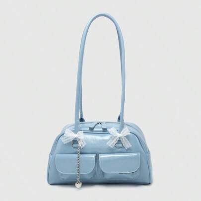 Kawaii Women's Vintage Cute Plaid Bowknot Pearl Chain Strap Decor Cherry Heart Accent Shoulder Underarm Tote Bag With Multi Pockets, Boston Style