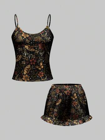 Fairycore Conjunto de camiseta y pantalones cortos de pijama con estampado todo sobre de polilla, mariposa, flores y hojas de arce inspirado en la naturaleza, ropa de estar en casa informal