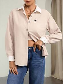 SHEIN Tall Women's Fall Drop Shoulder Single-Breasted Corduroy Embroidered Jacket - Apricot - View 7