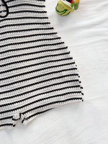 Soleia 女士休闲度假新款 V 领露背系带蝴蝶结镂空黑白撞色修身罗纹连体裤，适合派对、约会、下午茶、海滩 - 黑與白 - 查看 5