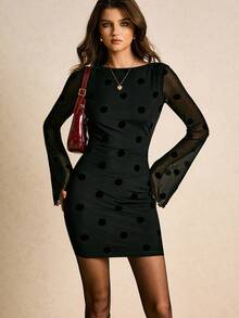 Poéselle Rochie mini elegantă pentru femei, cu buline, din plasă, fără spate, cu mâneci evazate