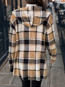 SHEIN Clasi Women's Elegant Plaid Print Flannel Hooded Long Sleeve Jacket Autumn Winter Clothes For Women