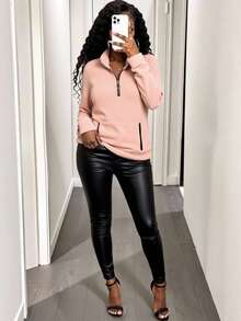 BamGleam Women's Zipper Pocket Plush Pullover Sweatshirt,Winter Coat,Winter,Thermal Fall - Baby Pink - View 4