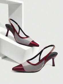 CUCCOO SZL Sepatu Hak Tinggi Wanita Ujung Lancip dengan Rantai Logam, Jala, Seksi & Elegan Warna Merah Slingback Stiletto - Burgundy - View 2
