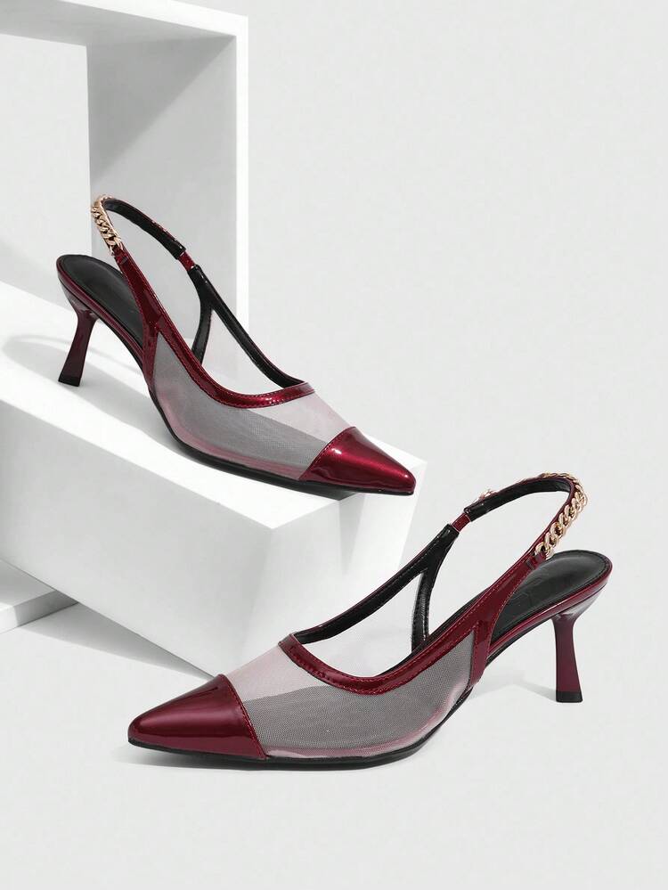 CUCCOO SZL Women's Pointed Toe High Heels With Metal Chain, Mesh, Sexy & Elegant Red Slingback Stilettos