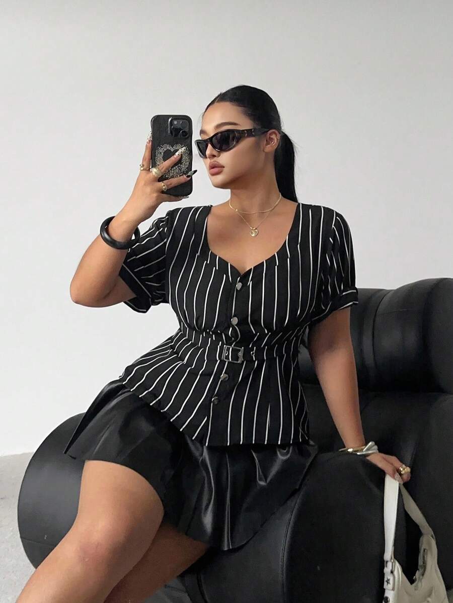 SHEIN POPSWAY Plus Size Women Sweetheart Collar Short Sleeve Single-Breasted Casual Striped Shirt - Multicolor - View 1