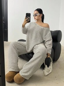 SHEIN POPSWAY 大码休闲条纹不对称领T恤和裤子两件套 - 彩色 - 查看 7