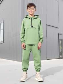 SHEIN 2pcs/Set Tween Boy Semi-Open Hooded Jacket And Elasticated Waist Pants Sporty Casual Outfit, Suitable For Autumn/Winter - Mint Green - View 6