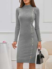 EURMUSE Mock Neck Button Front Sweater Dress Without Belt - Grey - View 4