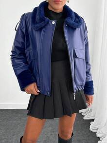 SHEIN Cottnline Borg領飾填充外套，翻蓋口袋，PU皮革，毛絨內裡，高品質PU夾克，非常柔軟舒適的藍色外套，寬鬆夾克，飛行員夾克，女款夾克，Y2k夾克 - 藏蓝色 - 查看 5