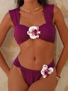 Swim Chiccia Bộ bikini họa tiết hoa dây dày trơn màu dành cho nữ, Xuân/Hè - Màu Đỏ Sâu - Xem 4