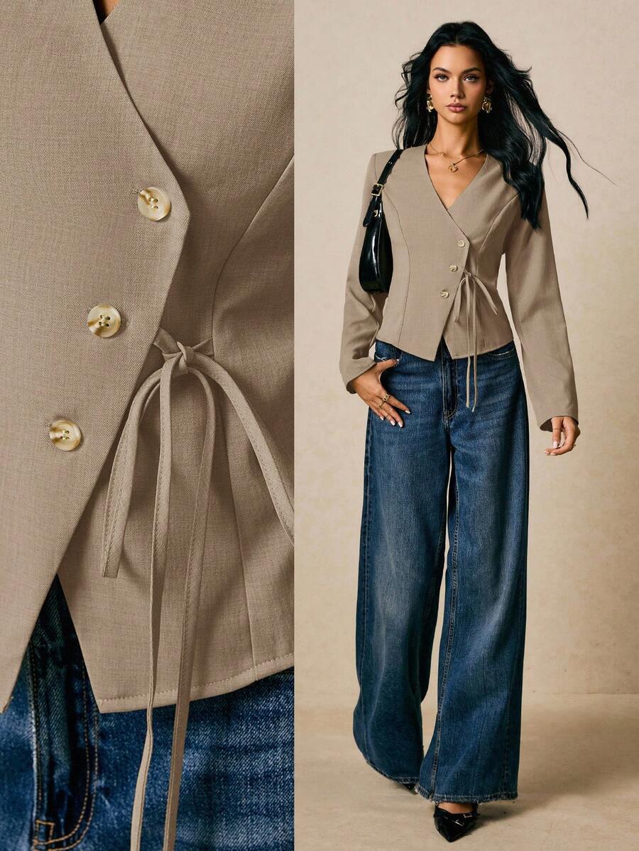 Poéselle 女式纯色长袖单排扣腰系带休闲衬衫 - 淺灰色 - 查看 1