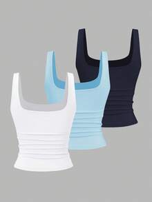 Sweetra Solid Color Pleated Scoop Neck Casual Fashion Tank Top, Summer - Multicolor - View 2