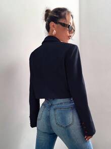 BizChic Damska marynarka z cienkim kołnierzykiem i otwartym przodem, podstawowy top na miejskie dojazdy, strój biznesowy na co dzień, strój do biura, elegancki na imprezę świąteczną, noworoczną - Granatowy - Zobacz 3