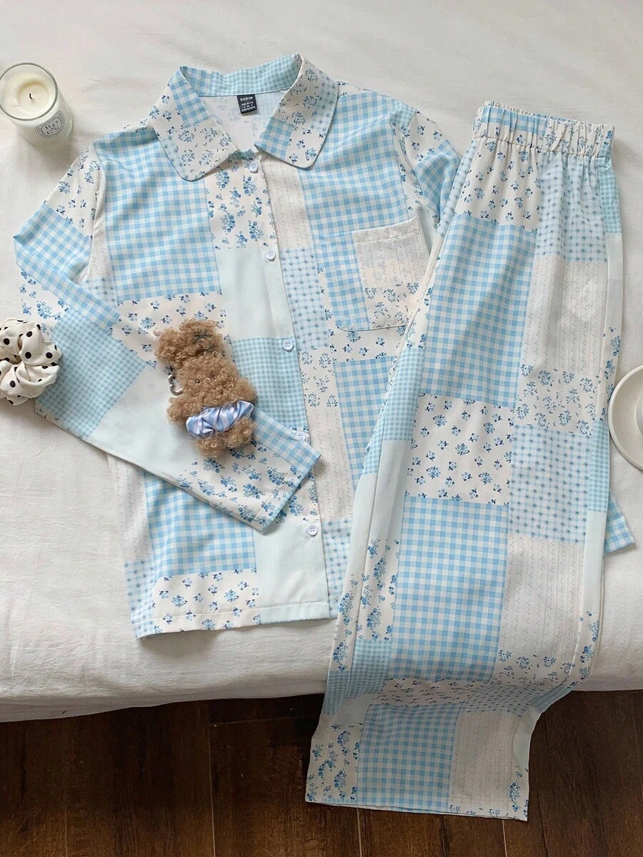Comfortcana Conjunto de 2 piezas de camisa de manga larga con estampado de patchwork y pantalones de pierna ancha, estilo casual de vacaciones para mujer, primavera/otoño - Azul - Ver 1