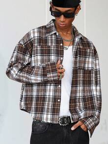 ROMWE MEN Prep Men's Fashionable Loose Plaid Shirt, Young Street Style, Suitable For Street Wear, Casual Daily, Weekend Outings, Music Festivals, Fall - Coffee Brown - View 4