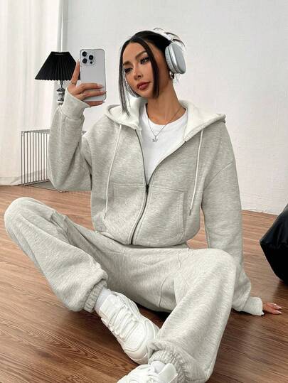 INAWLY 女式纯色连帽抽绳运动衫和裤子两件套