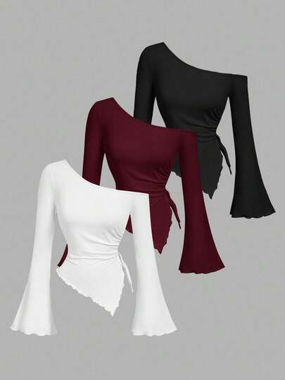 SHEIN MOD Camiseta de moda de manga larga con hombro oblicuo, bajo asimétrico y lazo lateral de unicolor para mujer