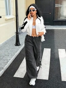 SHEIN EZwear Pantalon cargo en denim ample à taille élastique pour femmes - Gris foncé - Voir 6