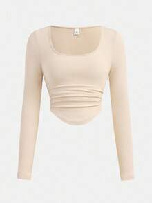 Girlism 青少年女孩返校休闲运动街头服饰卡其色套装，长袖短款褶饰 T 恤和直筒运动裤 - 卡其色 - 查看 7