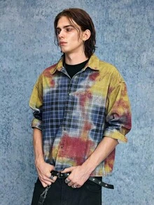 ROMWE MEN Grunge Punk 男士休闲拼布格子纽扣牛仔衬衫，秋季 - 藍色 - 查看 7