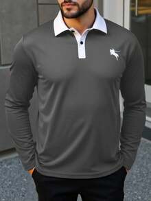 Manfinity Homme 秋季大码男士休闲马匹印花撞色领长袖 Polo 衫 - 深灰色 - 查看 3