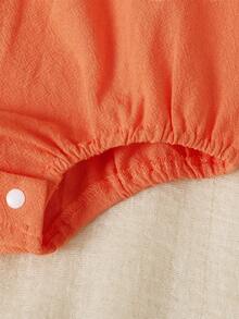 SHEIN Playful Pals 女婴乡村风刺绣彼得潘领蝴蝶结荷叶边袖口长袖连体衣，秋季款 - 橘色 - 查看 7