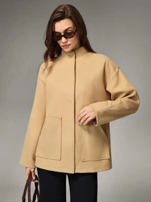 Hanevo Women's Casual Stand Collar Button Pocket Regular Overcoat, Winter - Apricot - View 5