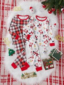 Girls' Christmas Plaid & Santa Claus Gingerbread ,White,Autumn,Fairy,Night,Tight Crew Neck Long Sleeve Pants Snug Fit Homewear Set,High Stretch - Multicolor - View 3
