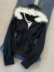 Glimmora 女式拉链修身连帽夹克，带毛茸茸饰边 - 黑色 - 查看 3