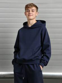 SHEIN 青少年男孩休闲宽松舒适百搭纯色套头连帽衫，百搭