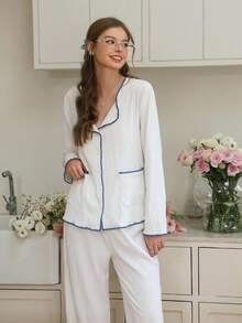 Snug Reverie Women's Casual Contrast Trim Wrinkle Loose Pajama Set, Spring/Autumn Fall Winter Clothes - Apricot - View 4