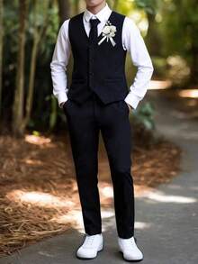 SHEIN 2 件套青少年男童服装 - 修身不对称背心 + 直筒休闲裤套装，韩版风格，适合婚礼、正式派对、钢琴演奏会、主持、休闲场合、春夏季 - 黑色 - 查看 8